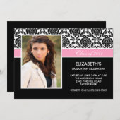 2011 Black Damask Photo Afstuderen Invitation roze Kaart (Voorkant / Achterkant)