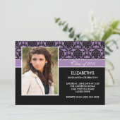 2011 Paarse Damask Foto Afstuderen Invitation Kaart (Staand voorkant)