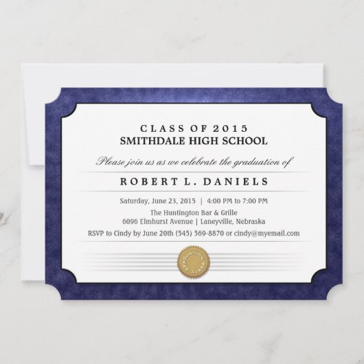 2015 Navy Blue Border Diploma Afstuderen Uitnodige Kaart (Voorkant)