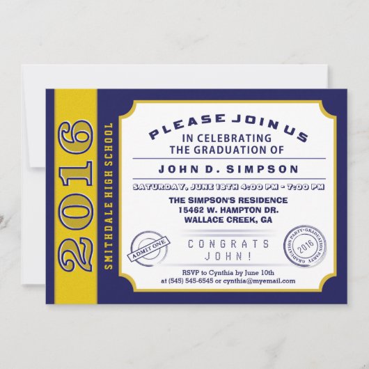2016 Navy Blue & Gold Ticket Afstuderen Invitation Kaart (Voorkant)