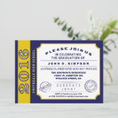 2016 Navy Blue & Gold Ticket Afstuderen Invitation Kaart (Staand voorkant)