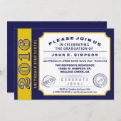 2016 Navy Blue & Gold Ticket Afstuderen Invitation Kaart (Voorkant / Achterkant)