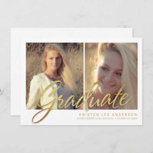 2019 Afstuderen Faux Gold Foil 2-fotoscript Kaart (Voorkant / Achterkant)