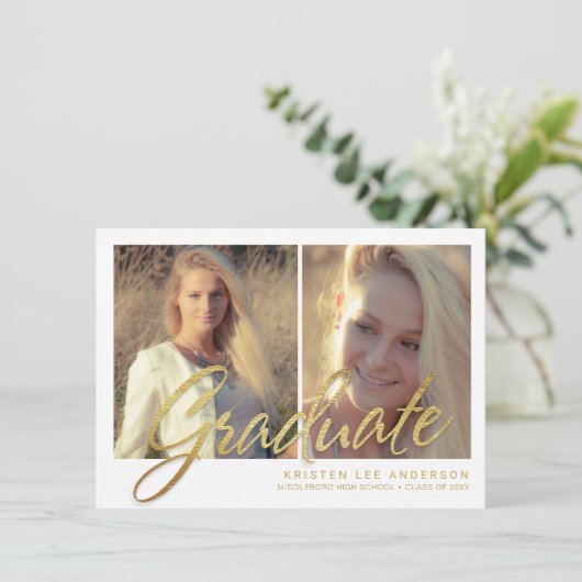 2019 Afstuderen Faux Gold Foil 2-fotoscript Kaart (Staand voorkant)