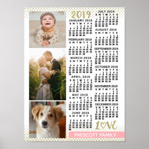 2019 Kalender Blush Roze Goud Familie Foto Collage Poster