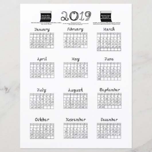 2019 kalenderdop van tekenweefsel zwart-wit (Voorkant)