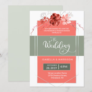 2019 Koraal Sage Modern Floral Geometric Wedding Kaart
