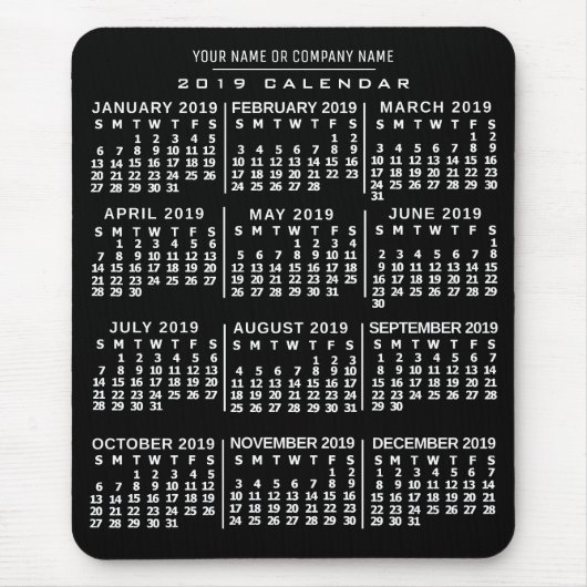 2019 Maandelijkse kalender zwart, witte aangepaste Muismat (Voorkant)