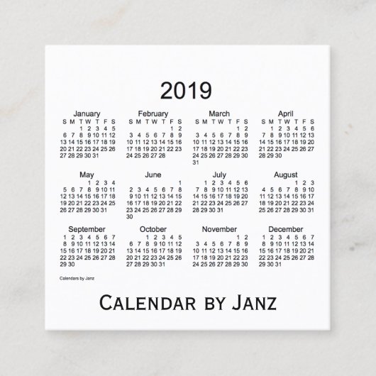 2019 White Calendar van Janz Square Visitekaartje (Voorkant)