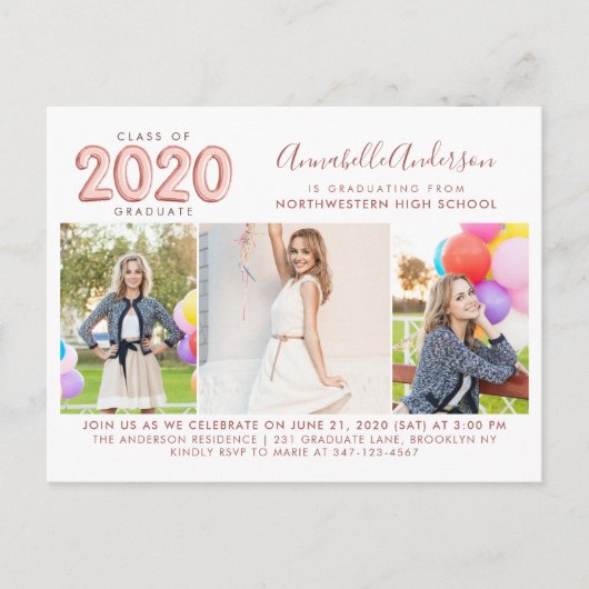 2020 Afgestudeerde Roze Goud 3 Foto Afstudeerfeest Uitnodiging Briefkaart (Voorkant)