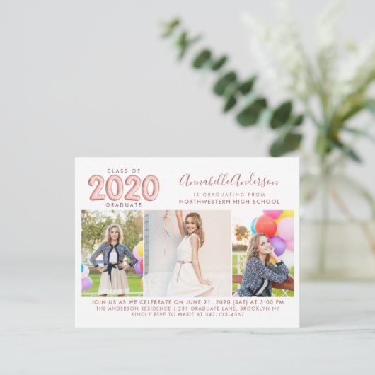2020 Afgestudeerde Roze Goud 3 Foto Afstudeerfeest Uitnodiging Briefkaart (Staand voorkant)
