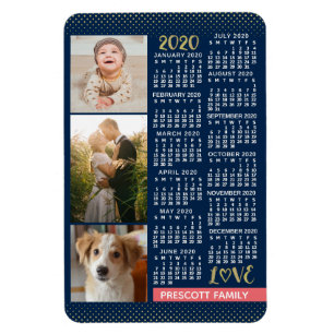 2020 Calendar Navy Coral Gold Family Foto Collage Magneet