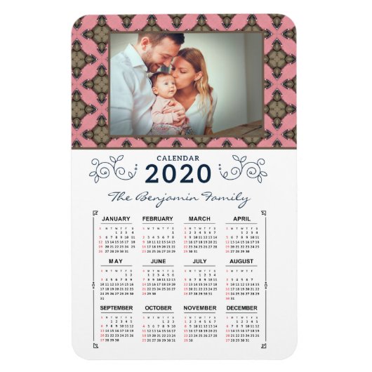 2020 Foto Personaliseert Roze Patroonkalender Magneet (Verticaal)