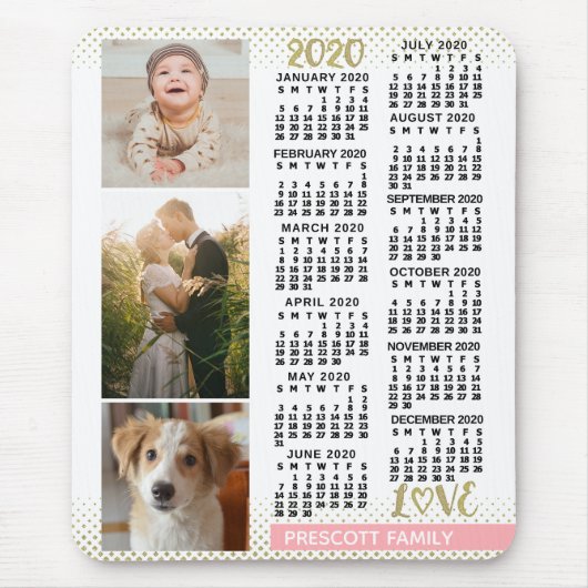 2020 Kalender Blush Pink Gold Family Foto Collage Muismat (Voorkant)