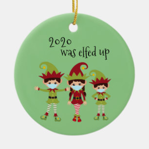 2020 Was Elfed Up Familie 3 Covid Mondkapje Elf Keramisch Ornament