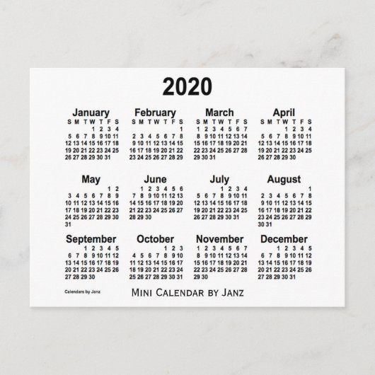 2020 Witte Minicalender van Janz Briefkaart (Voorkant)