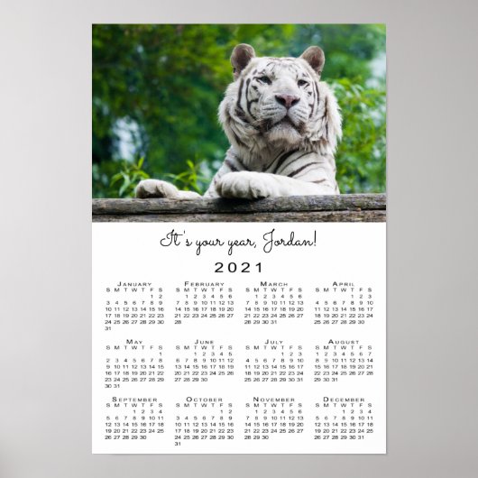 2021 Calendar Custom White Tiger Photo Name Text Poster (Voorkant)