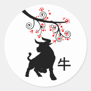2021 Chinese Nieuwjaar Ox en Rode Bloesems Ronde Sticker