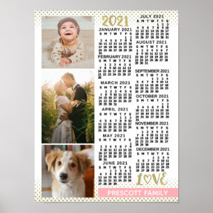 2021 Kalender Blush Pink Gold Family Photo Collage Poster