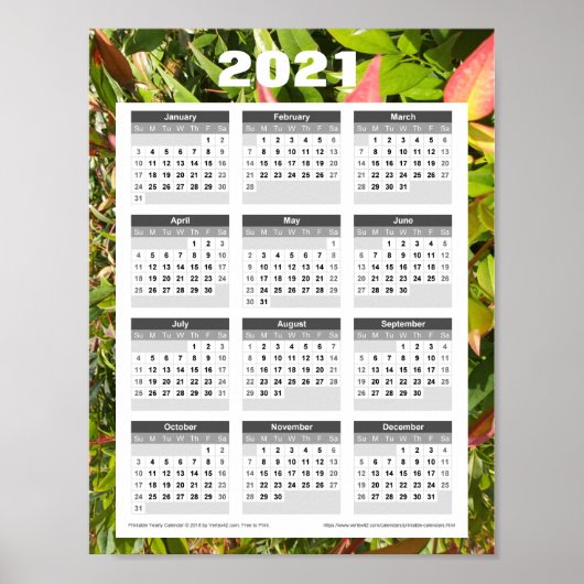 2021 Wandkalender. Groene Bladeren Poster (Voorkant)