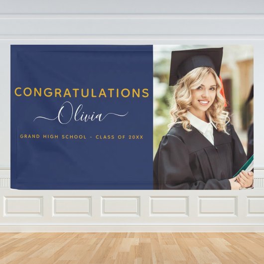2022 Afstuderen Navy Blue Gold High School College Spandoek