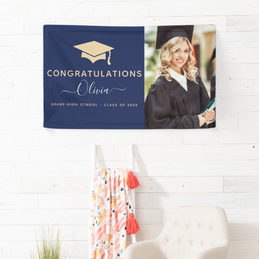2022 Afstuderen Navy Blue Gold High School College Spandoek (Insitu)