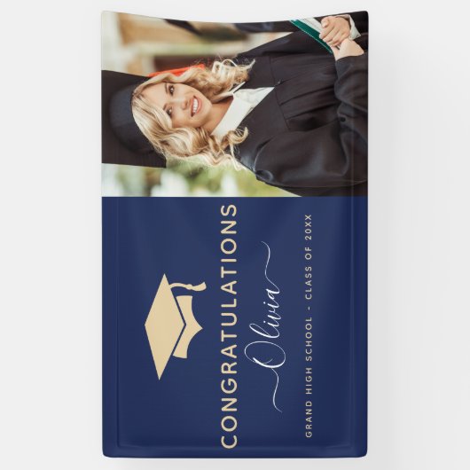 2022 Afstuderen Navy Blue Gold High School College Spandoek (Verticaal)