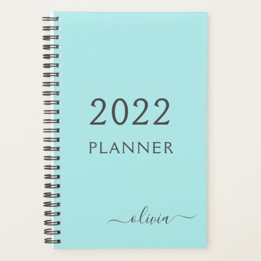 2022 Aqua Blauwe Teal Meisjesachtige Script Monogr Planner (Voorkant)