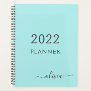 2022 Aqua Blue Blauwgroen Girly Script Monogram na Planner