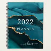 2022 Blauwgroen Aqua Blue Gold Agate Geode Script Planner (Voorkant)