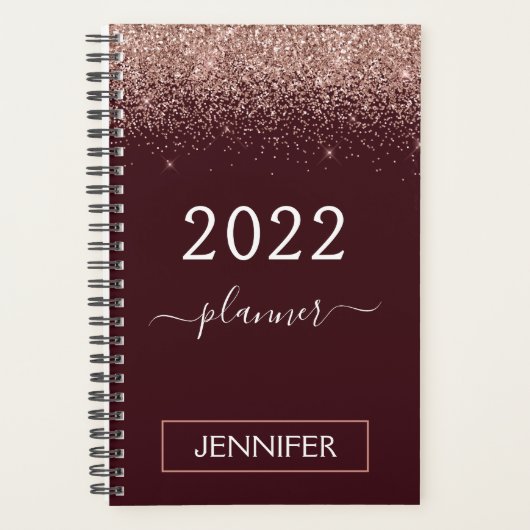2022 Burgundy Blush Pink Rose Gold Glitter Planner (Voorkant)