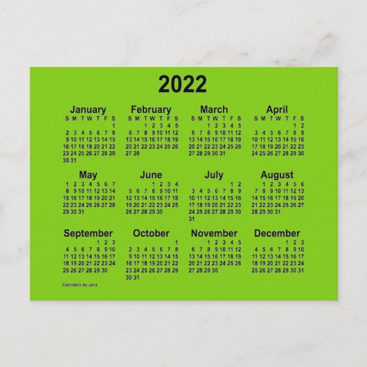 2022 Geelgroene mini-kalender van Janz Briefkaart (Voorkant)
