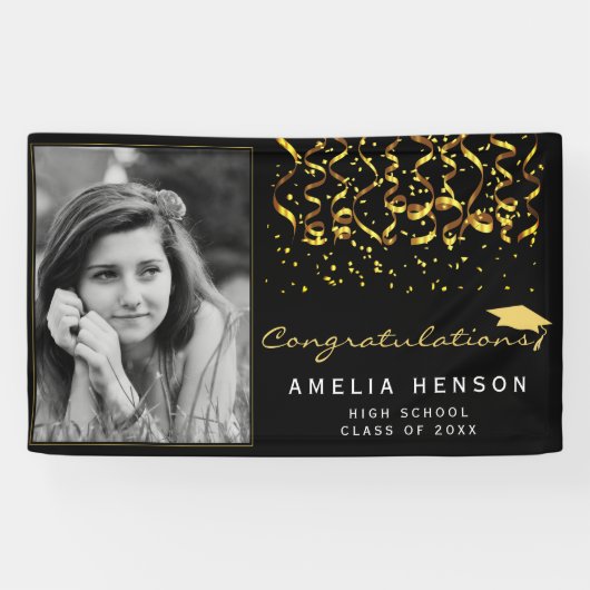 2022 Gold Black Confetti Afstuderen Foto Spandoek (Horizontaal)