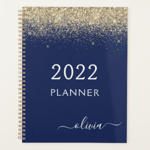 2022 Gold Navy Blue Glitter Sparkle Glam Monogram Planner