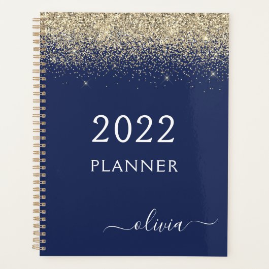 2022 Goud Navyblauw Glitter Glam Monogram Planner (Voorkant)