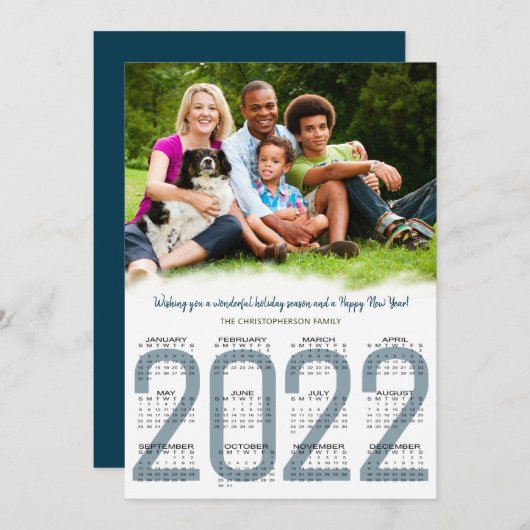 2022 Kalenderfamilie Foto blauw nieuwjaar Feestdagenkaart (Voorkant / Achterkant)