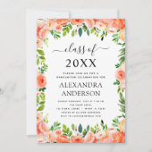 2022 Koraal Peach Floral Greenery Afstuderen Invit Kaart (Voorkant)