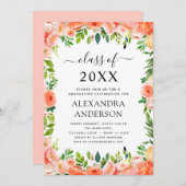 2022 Koraal Peach Floral Greenery Afstuderen Invit Kaart (Voorkant / Achterkant)