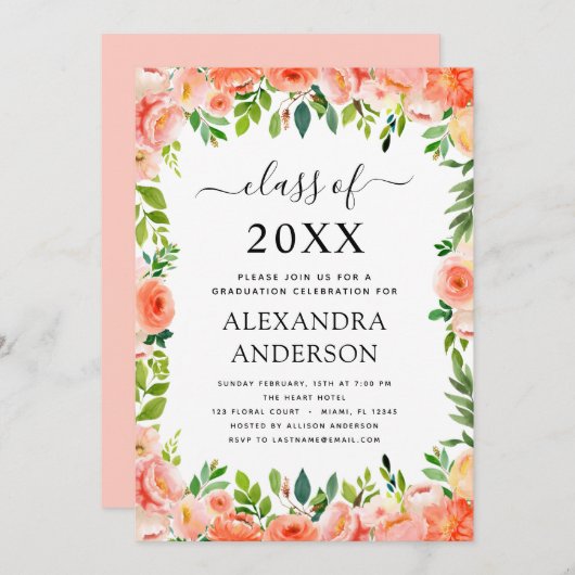 2022 Koraal Peach Floral Greenery Afstuderen Invit Kaart (Voorkant / Achterkant)