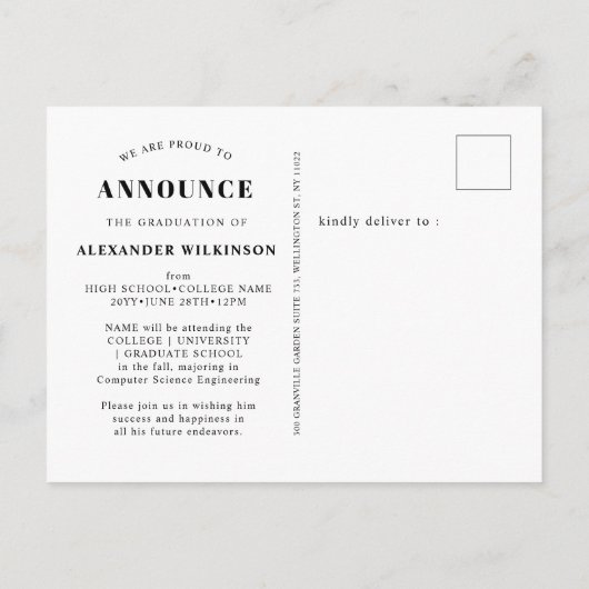 2022 maakte hij het moderne Afstuderen voor kallig Aankondigingskaart (Achterkant)