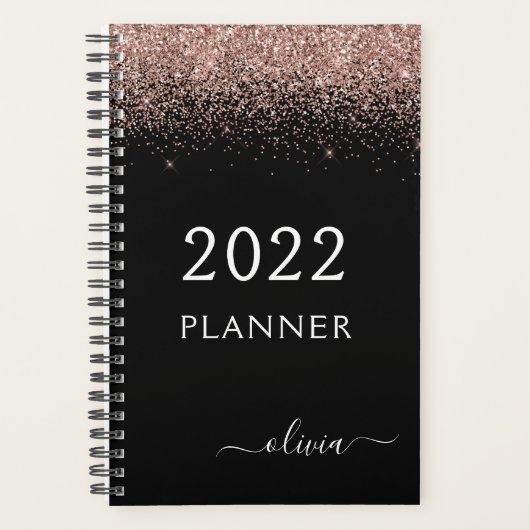 2022 Roos Gold Blush Pink zwart Glitter Monogram Planner (Voorkant)