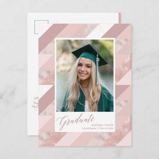 2022 Roos Gold Marble Modern Photo Afstuderen Uitnodiging Briefkaart (Voorkant / Achterkant)