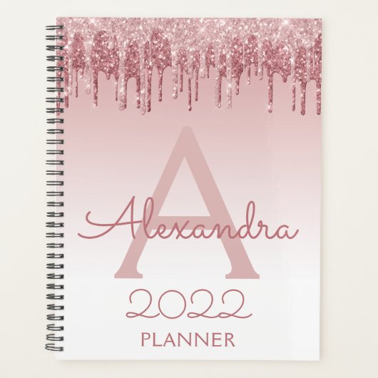 2022 Roze Goud - Blush Roze Glitter Glans Monogram Planner (Voorkant)