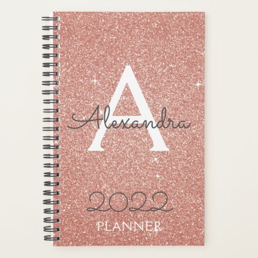 2022 Roze Goud Blush Roze Glitter Monogram Planner (Voorkant)