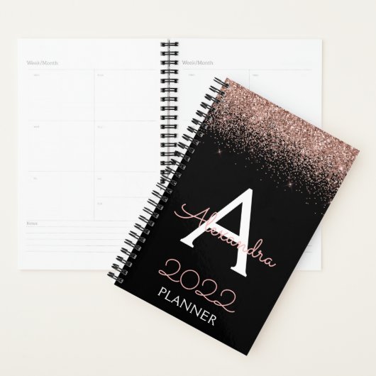 2022 Roze Goud - Blush Roze Zwart Glitter Monogram Planner (Display)