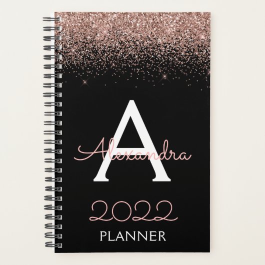 2022 Roze Goud - Blush Roze Zwart Glitter Monogram Planner (Voorkant)