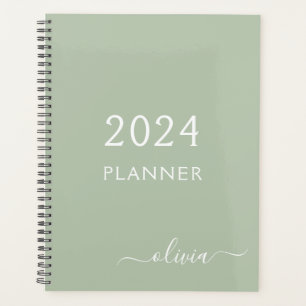 2022 Sage Green Script Monogram Name Modern Planner
