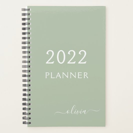 2022 Saliegroen Meisjesachtig Script Monogram Naam Planner (Voorkant)