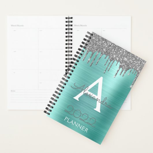 2022 Silver Blauwgroen Aqua Blue Glitter Monogram Planner (Display)