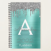 2022 Silver Blauwgroen Aqua Blue Glitter Monogram Planner (Voorkant)